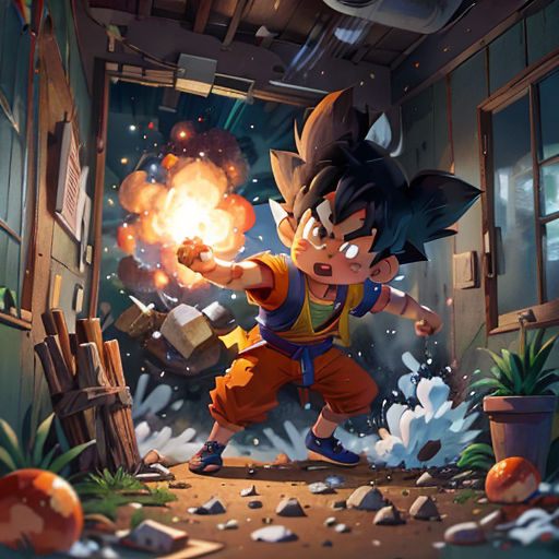 a boy with a gun in a room with a lot of rocks and plants on the floor and a fire coming out of his mouth