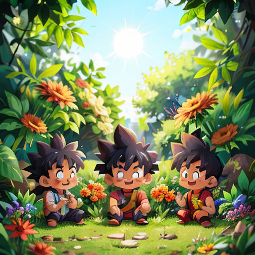 three cartoon children sitting in the grass in front of a forest with flowers and plants on the ground, with a bright sun shining in the background