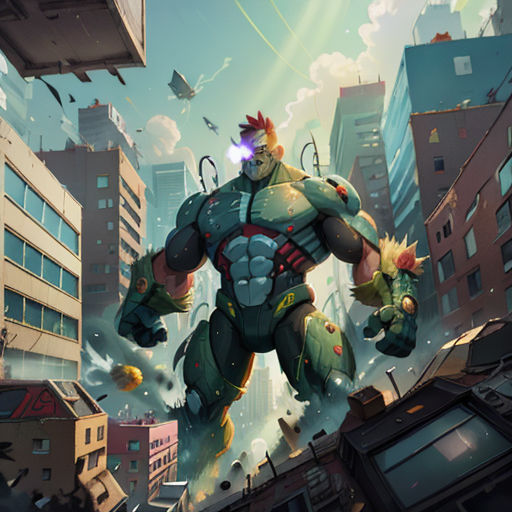 a man in a suit is flying through the air over a city with buildings and a robot in the foreground