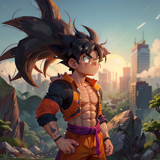 a man with a very long hair standing in front of a cityscape with a bird flying above him