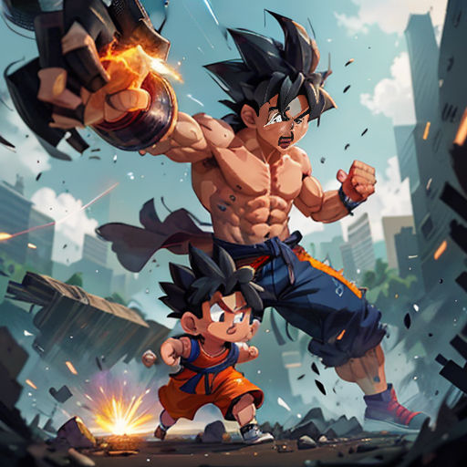 a cartoon of a man and a boy fighting in a city with buildings in the background and a sky background