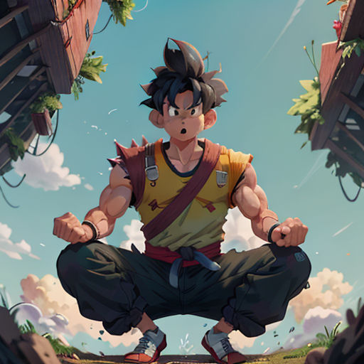 a man in a yellow shirt and black pants is doing yoga in front of a blue sky with clouds