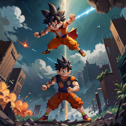 two cartoon characters are fighting in a city with buildings and a sky background with clouds and stars, one of them is wearing a red and the other is wearing a blue