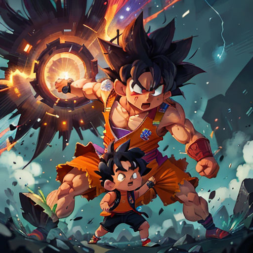 a cartoon character with a gun in his hand and a demon in his hand, with a fireball in the background
