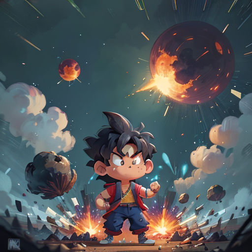 a boy is standing in front of a space scene with a rocket and planets in the background and a red and yellow firework