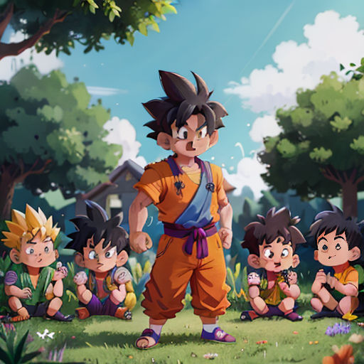 a group of young gohan are standing in a field with trees and bushes in the background, with a man in the foreground