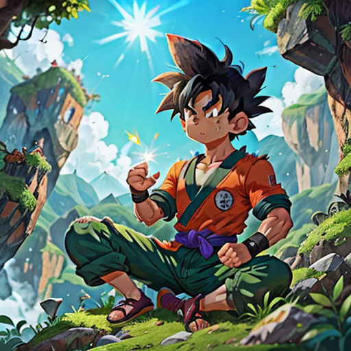 a young boy sitting on top of a lush green field next to a forest and a mountain range with a star in the sky