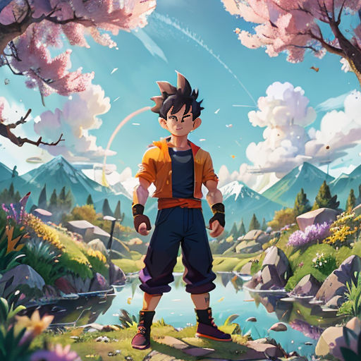 a young gohan stands in front of a mountain landscape with a stream and trees in the foreground