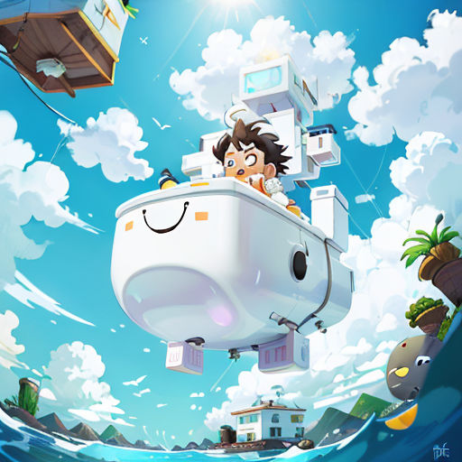 a cartoon character floating in the air on a boat in the ocean with a sky background and clouds above