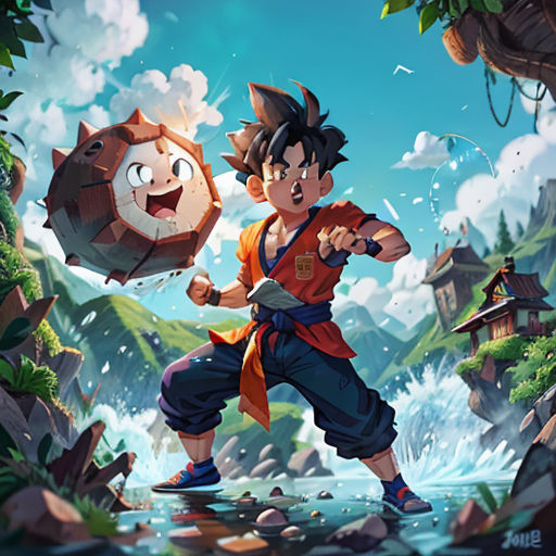 a boy with a sword and a cat in the background, in a cartoon style, with a background of a mountain and a river