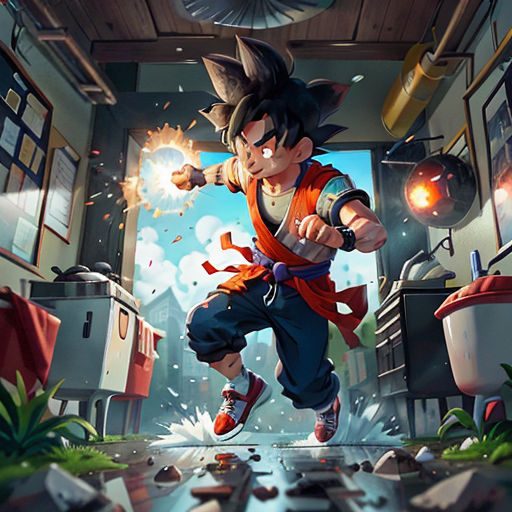 a cartoon character is running through a room with a lot of objects in it and a clock above him