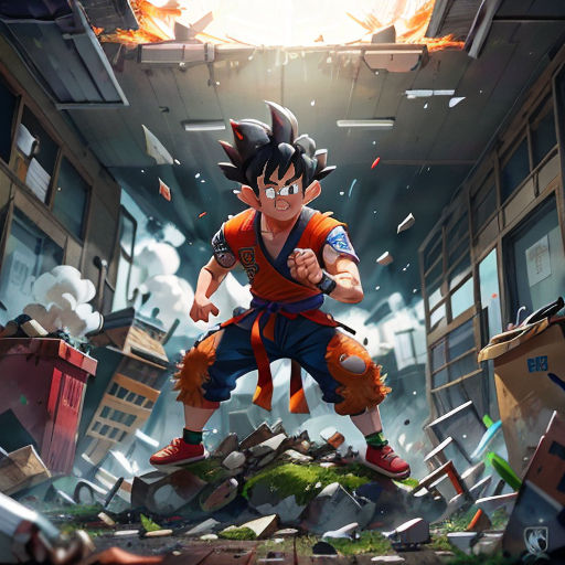 a cartoon character is standing in a room with a lot of debris and debris around him, and a sky background