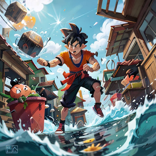 a cartoon of a boy on a surfboard in the ocean with a pirate ship in the background and a red trash can in the foreground