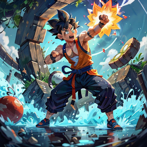 a cartoon character with a fist in his hand and a fire coming out of his mouth, in front of a background of rocks and water
