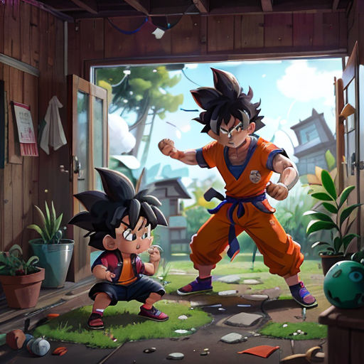 a cartoon of two young gohans playing in a room with a door open and a window open