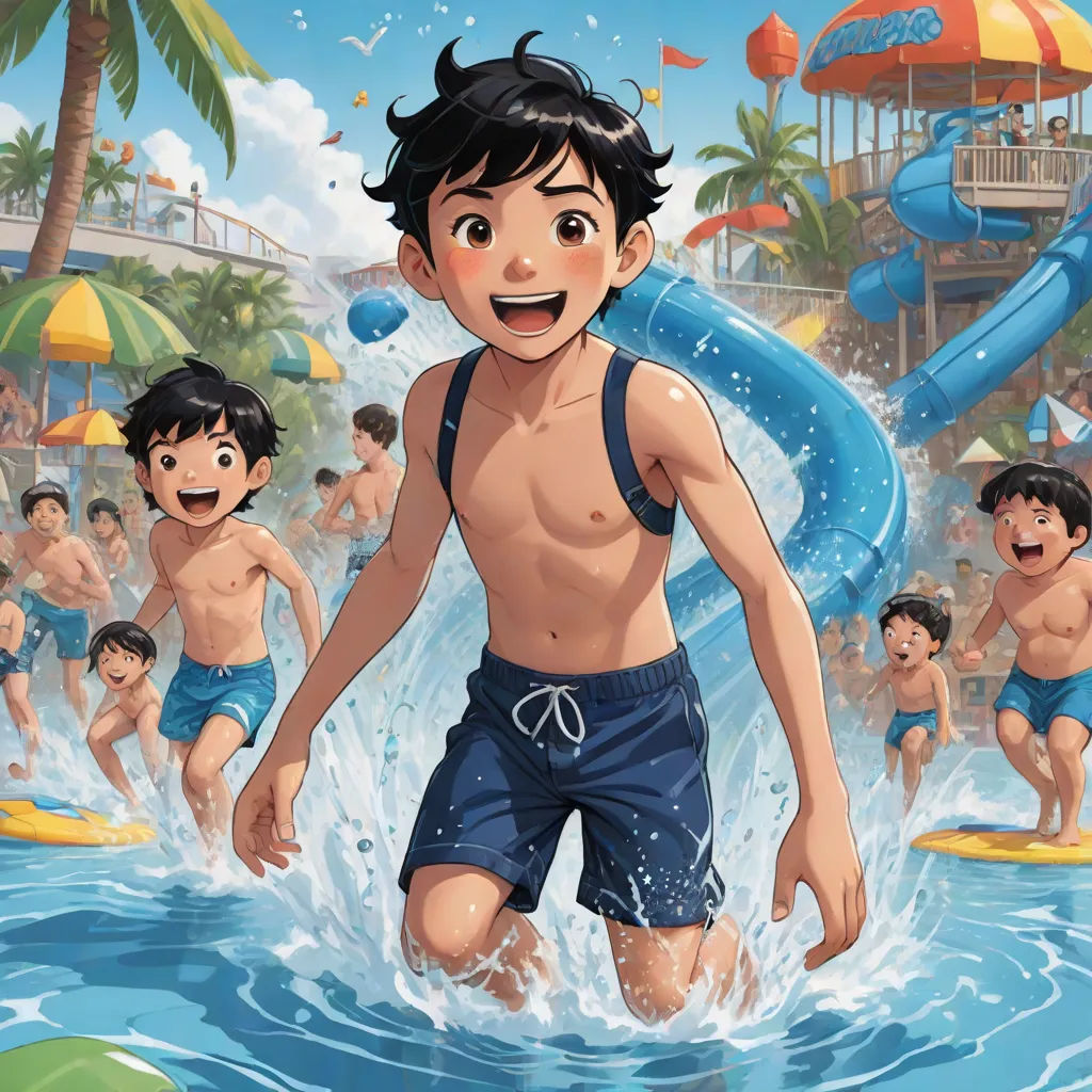 a boy in swim trunks is playing in the water with a blue slide in the background and other children in the background, sots art, a comic book panel, Altoon Sultan, official art