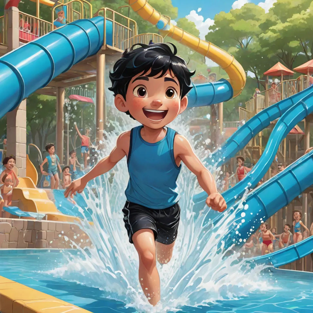 a boy running through a pool with a water slide in the background and people in the background watching from the water slide, sots art, concept art, Cliff Childs, official art