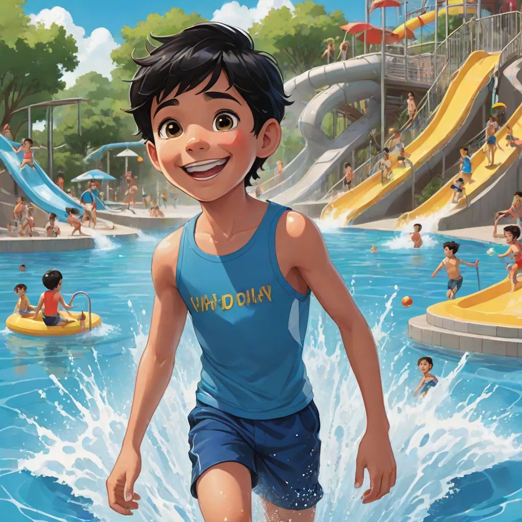 a boy is running through a pool with a slide in the background and people swimming in the water behind him, photorealism, an ultrafine detailed painting, Du Jin, official art