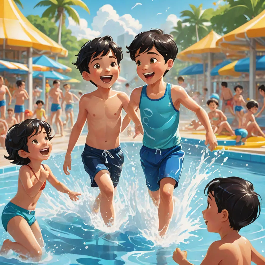 three children playing in a pool with a crowd of people in the background and a blue umbrella in the background, sots art, a storybook illustration, Brothers Hildebrandt, official art