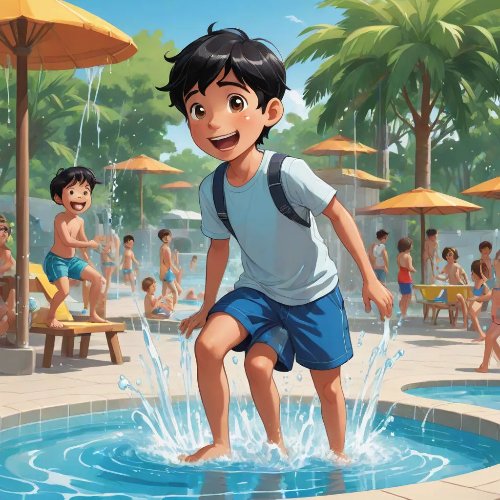 a boy playing in a pool with a bunch of people in the background and a fountain with water running, sots art, a storybook illustration, Diego Gisbert Llorens, official art