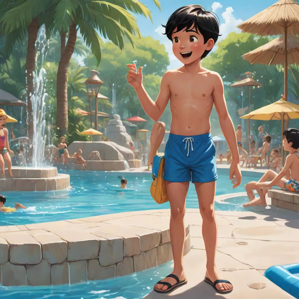 a boy in a swimming pool with a frisbee in his hand and a bunch of people in the background, photorealism, a detailed matte painting, Cliff Childs, official art
