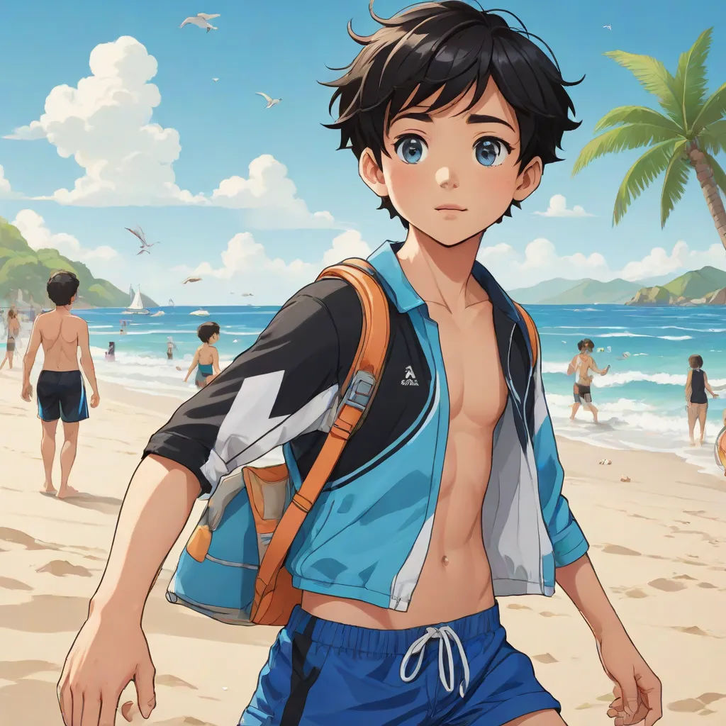 a man with a backpack on a beach near the ocean and people in the water behind him, with a palm tree in the background, sots art, concept art, Adam Manyoki, official art
