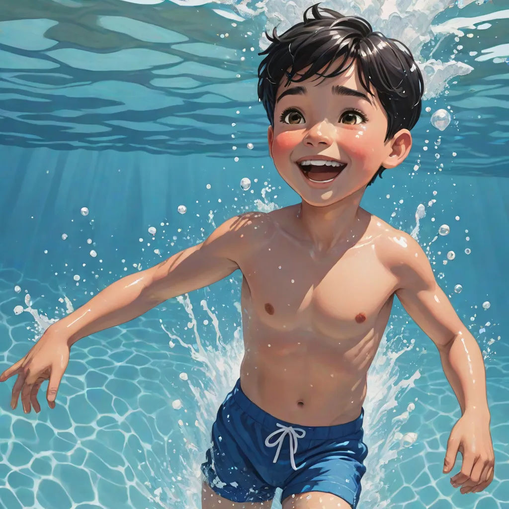 a boy in a swimming suit is under water and smiling at the camera with his hands in his pockets, photorealism, a photorealistic painting, Aaron Jasinski, stanley artgerm lau