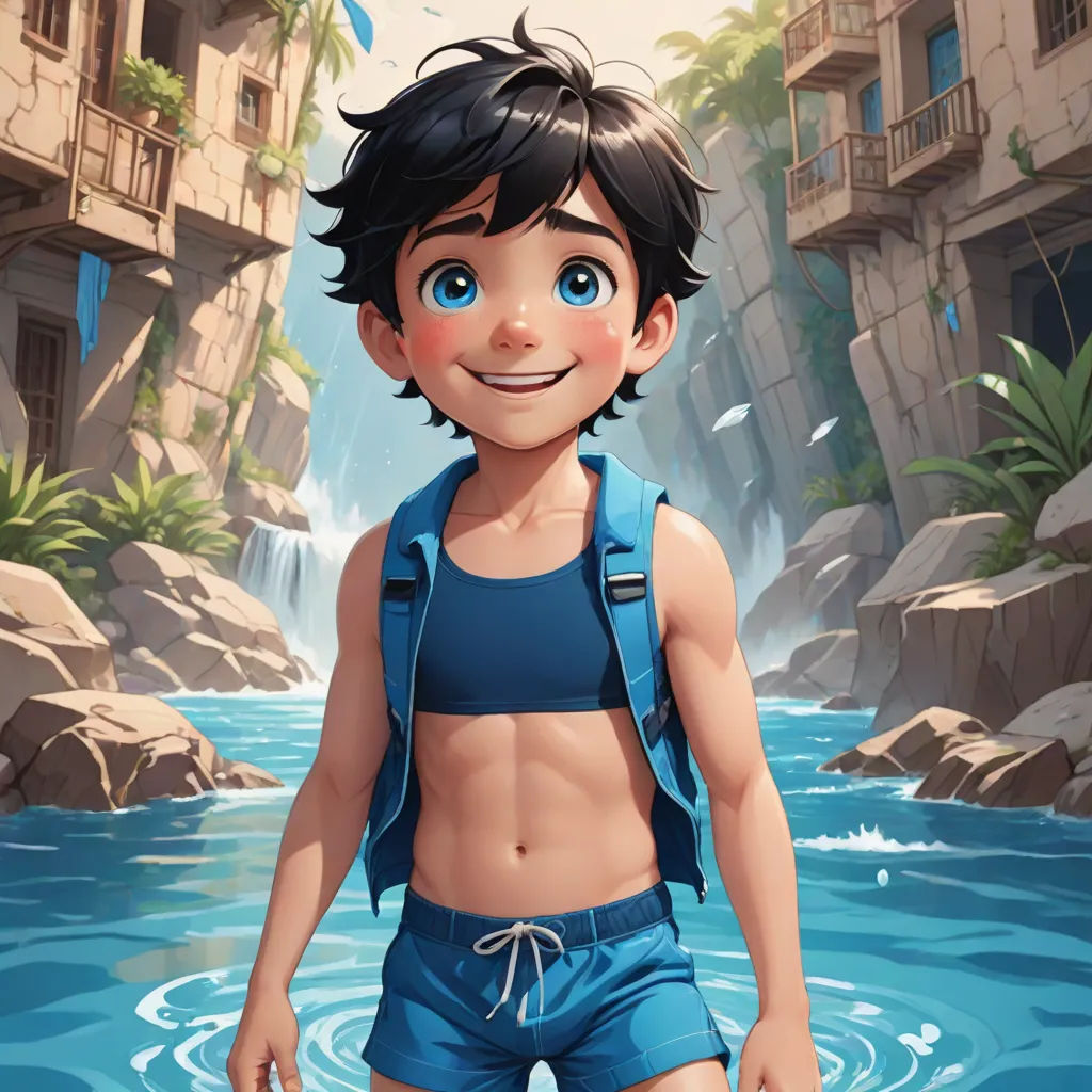 a boy in a blue swimsuit standing in a pool of water with a waterfall in the background and a building in the background, photorealism, concept art, Cliff Childs, rossdraws global illumination