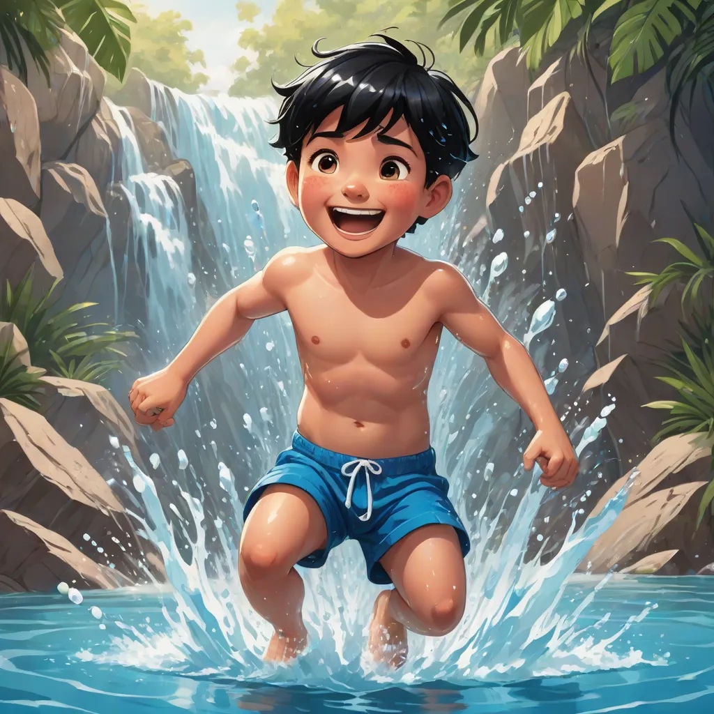 a boy running through a waterfall in a pool of water with a waterfall behind him and a waterfall behind him, sots art, concept art, Brothers Hildebrandt, official art