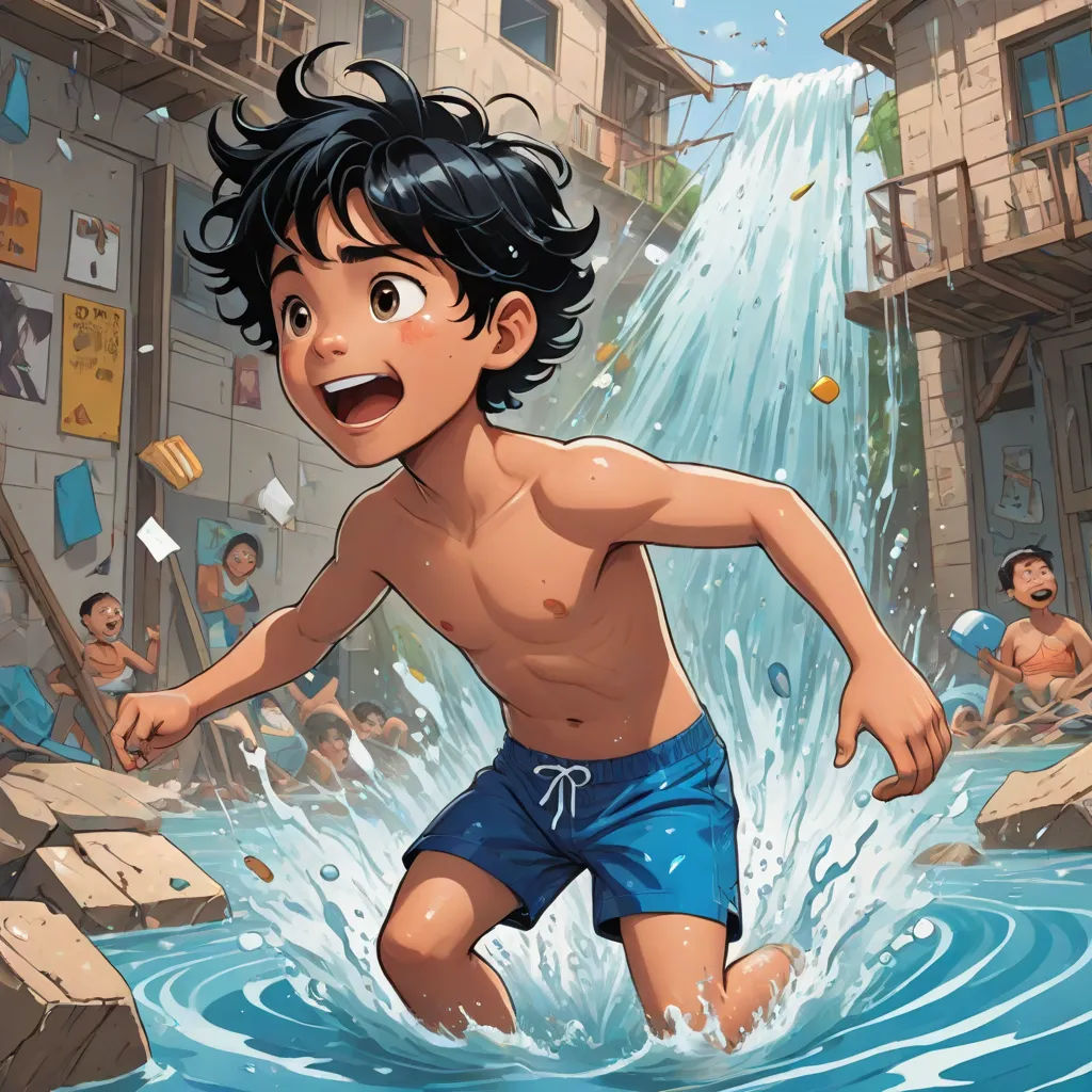 a boy is running through a water fall in a city street with a bunch of people watching him from the water, serial art, a comic book panel, Asaf Hanuka, official art