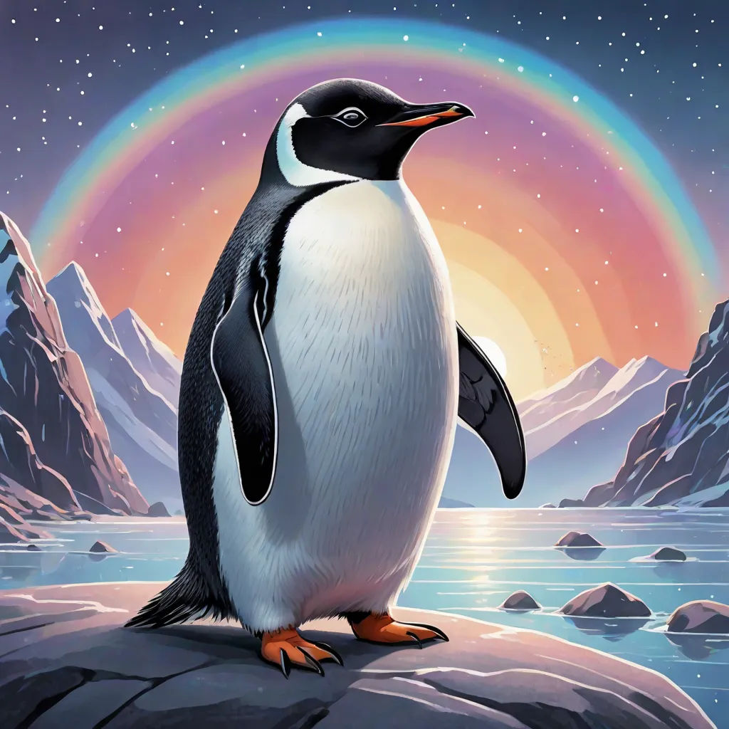 a penguin standing on a rock in front of a rainbow and mountains with a rainbow in the background and a rainbow in the sky, space art, a storybook illustration, Chris LaBrooy, official art