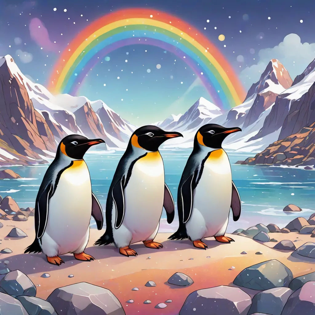 three penguins standing on a rocky beach under a rainbow and mountains with snow and rocks, and a rainbow in the sky, space art, an album cover, Chris LaBrooy, official art