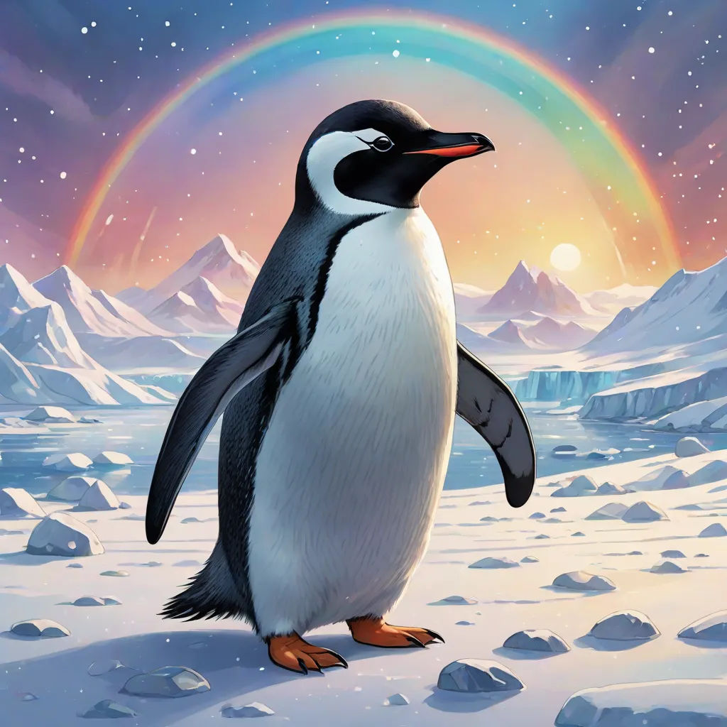 a penguin standing on a snowy hill with a rainbow in the background and a rainbow in the sky above, space art, a storybook illustration, Chris LaBrooy, official art