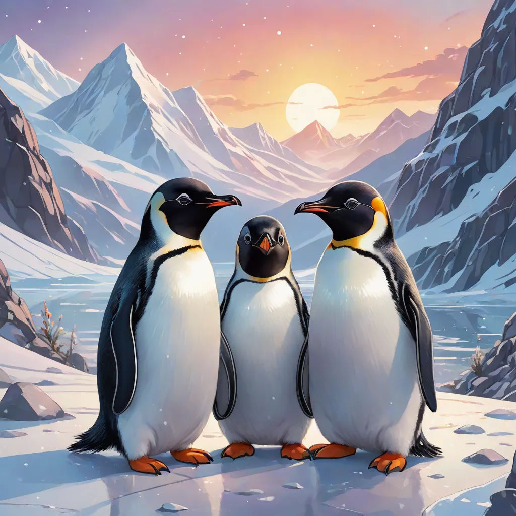 three penguins standing on a snowy mountain with a full moon in the background and a mountain range in the background, fantasy art, a painting, Brothers Hildebrandt, official art