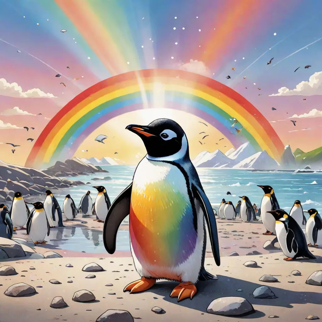 a penguin standing on a beach with a rainbow in the background and a group of penguins in the foreground, psychedelic art, a storybook illustration, David A Hardy, rossdraws global illumination