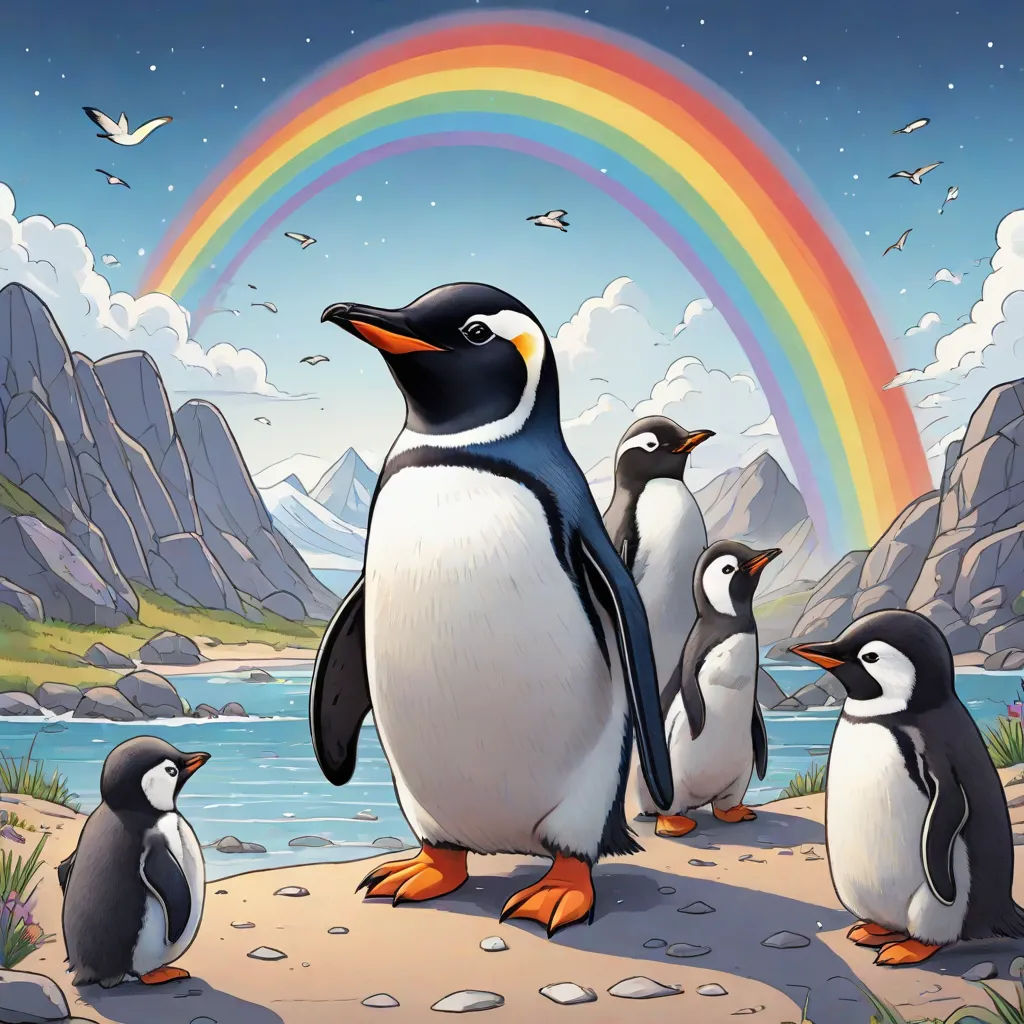 a group of penguins standing on a beach under a rainbow and a rainbow - colored sky with clouds and a rainbow, environmental art, a storybook illustration, Cliff Childs, official art