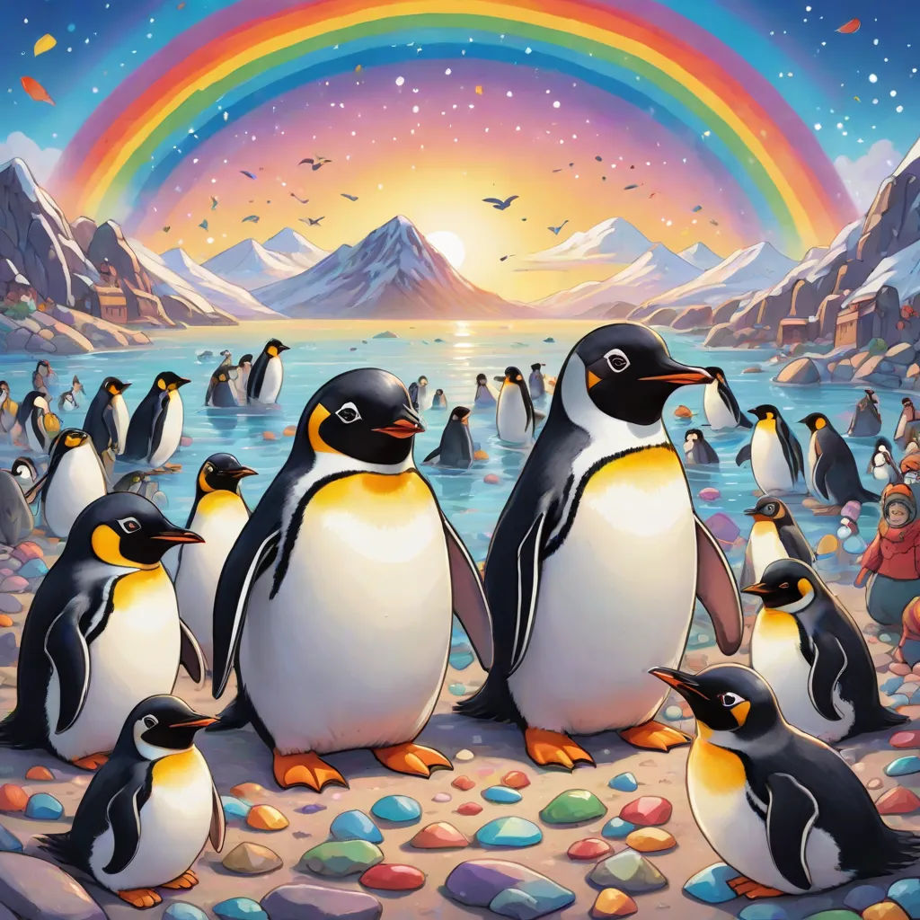 a group of penguins standing on a beach next to a rainbow colored sky and mountains with a rainbow in the background, naive art, an album cover, Chris LaBrooy, official art