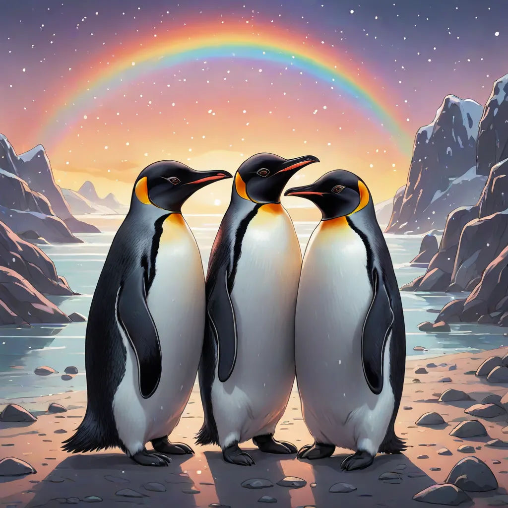 three penguins standing on a beach with a rainbow in the background and a rainbow in the sky above them, naive art, a storybook illustration, David A Hardy, official art