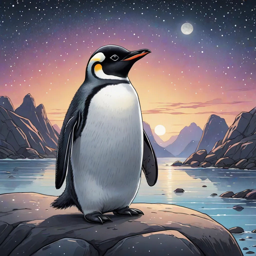 a penguin standing on a rock looking at the stars and the moon in the sky above it and a body of water, space art, a storybook illustration, Cliff Childs, official art