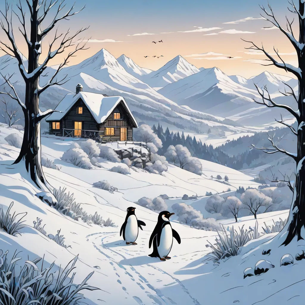 a painting of two penguins walking in the snow near a cabin in the mountains with a bird flying overhead, naive art, a storybook illustration, Dan Mumford, highly detailed digital painting