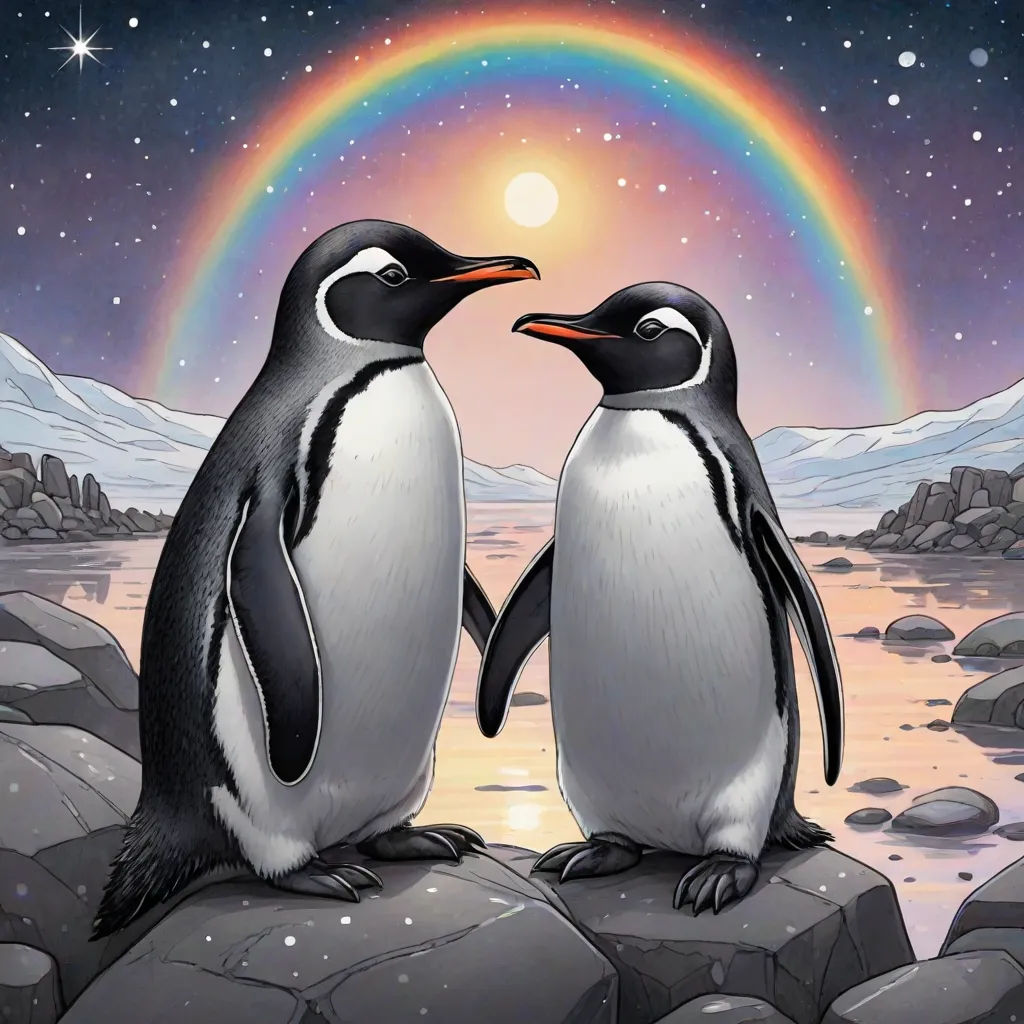 two penguins standing on rocks with a rainbow in the background and a rainbow in the sky above them, with a rainbow in the background, space art, a storybook illustration, Cliff Childs, official art
