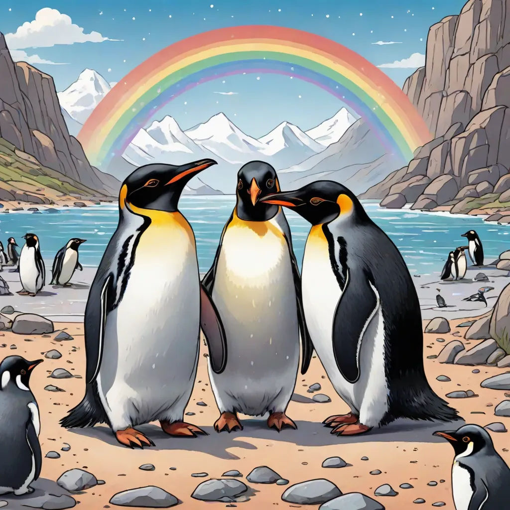 three penguins standing on a beach with a rainbow in the background and mountains in the background, with a rainbow in the sky, ecological art, a storybook illustration, Cliff Childs, official art