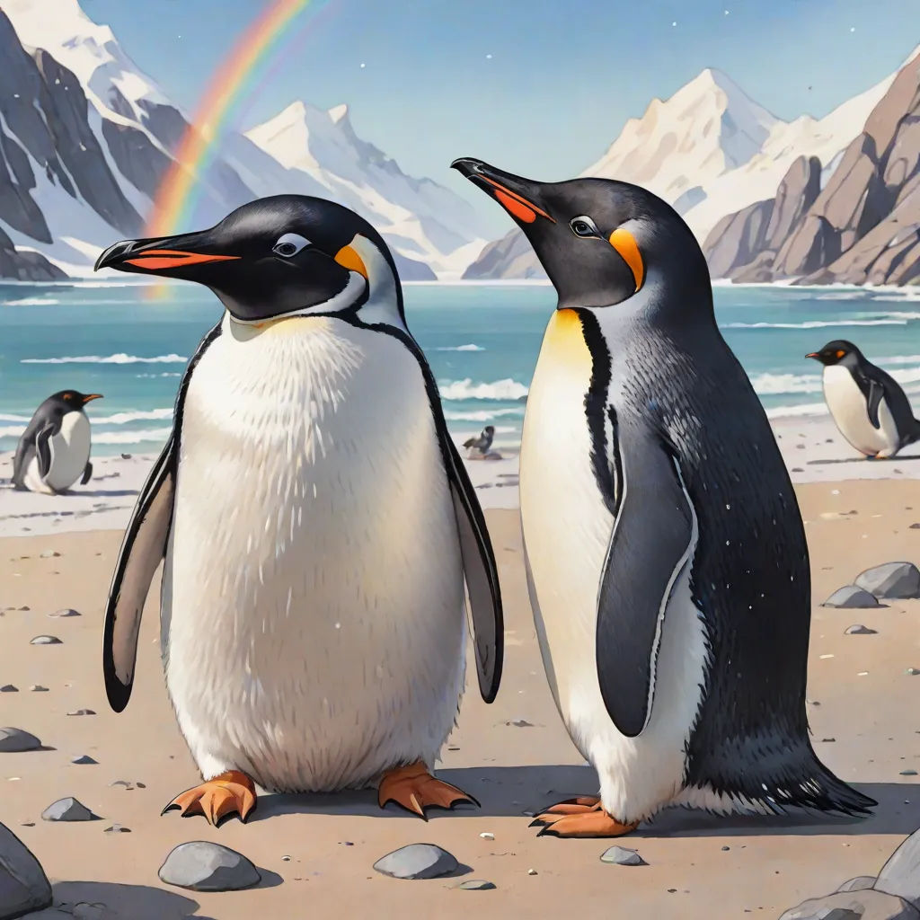 two penguins standing on a beach with a rainbow in the background and mountains in the background, with a rainbow in the sky, photorealism, an oil painting, Brothers Hildebrandt, official art