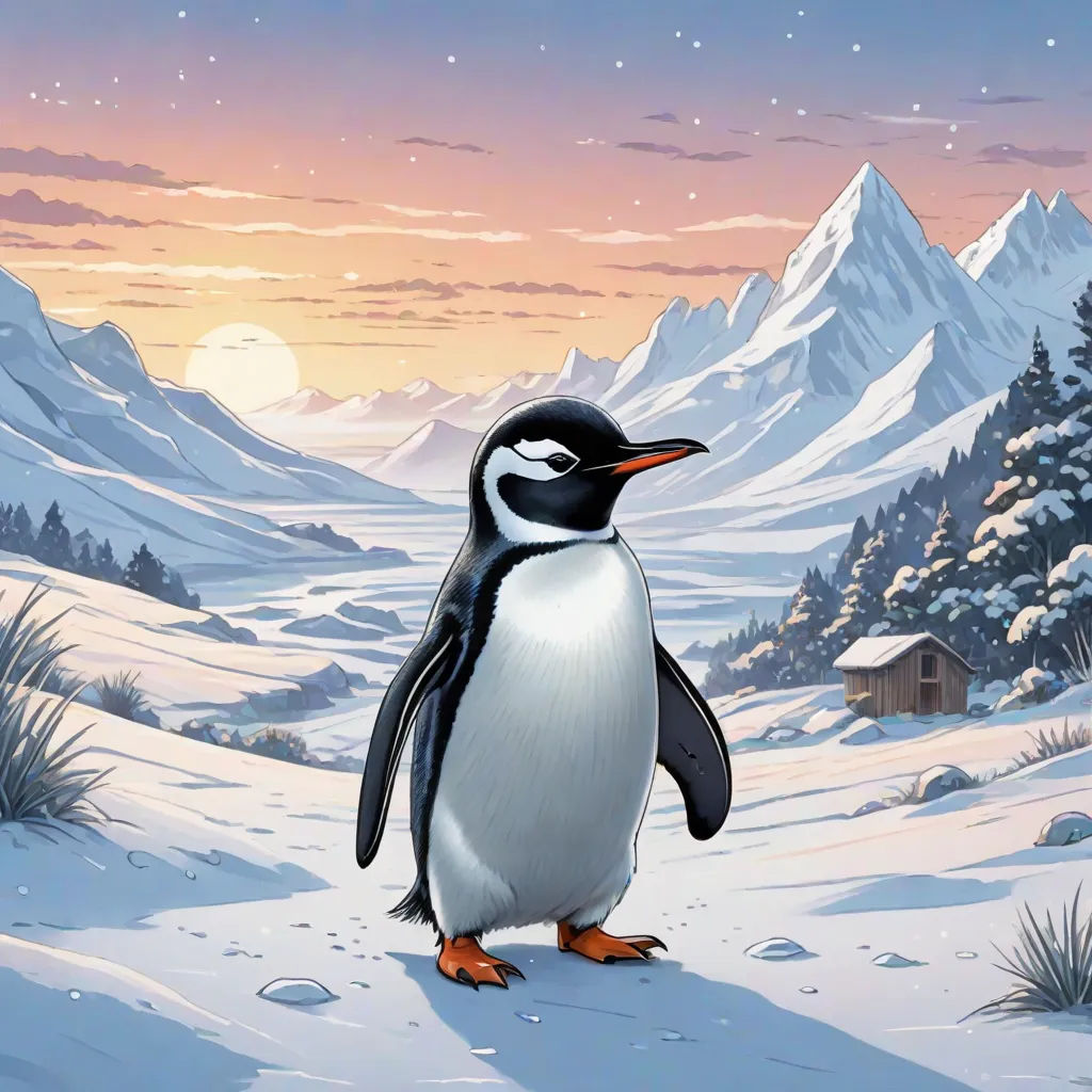 a penguin standing in the snow with a mountain in the background and a house in the distance with a full moon, computer art, a storybook illustration, Cliff Childs, official art