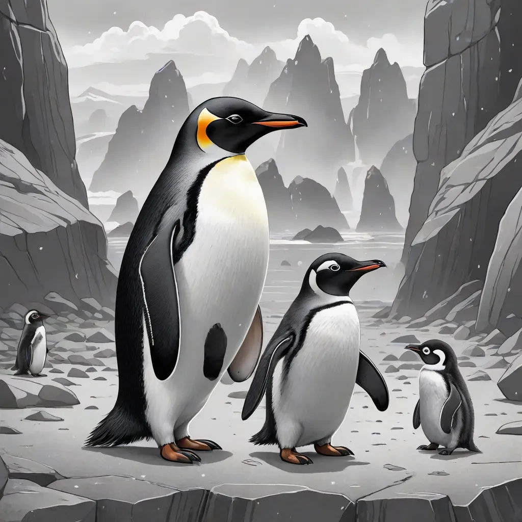 a group of penguins standing on a rocky beach next to a penguinling pool of water and rocks, with a mountain in the background, digital art, a digital painting, Cliff Childs, highly detailed digital painting