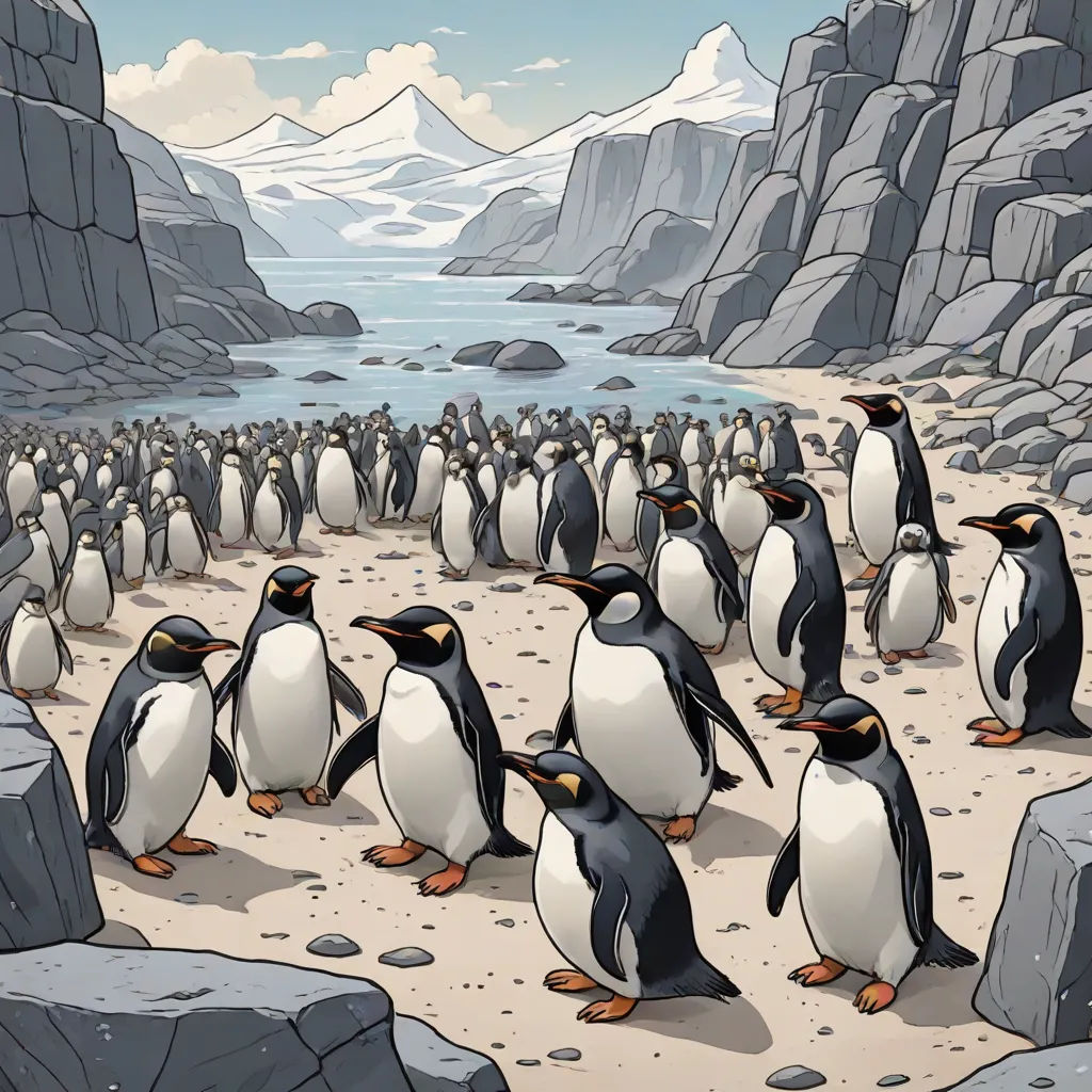a group of penguins standing on a beach next to a mountain range with a lake in the background and a group of penguins standing on the beach, institutional critique, a comic book panel, Chris LaBrooy, official art