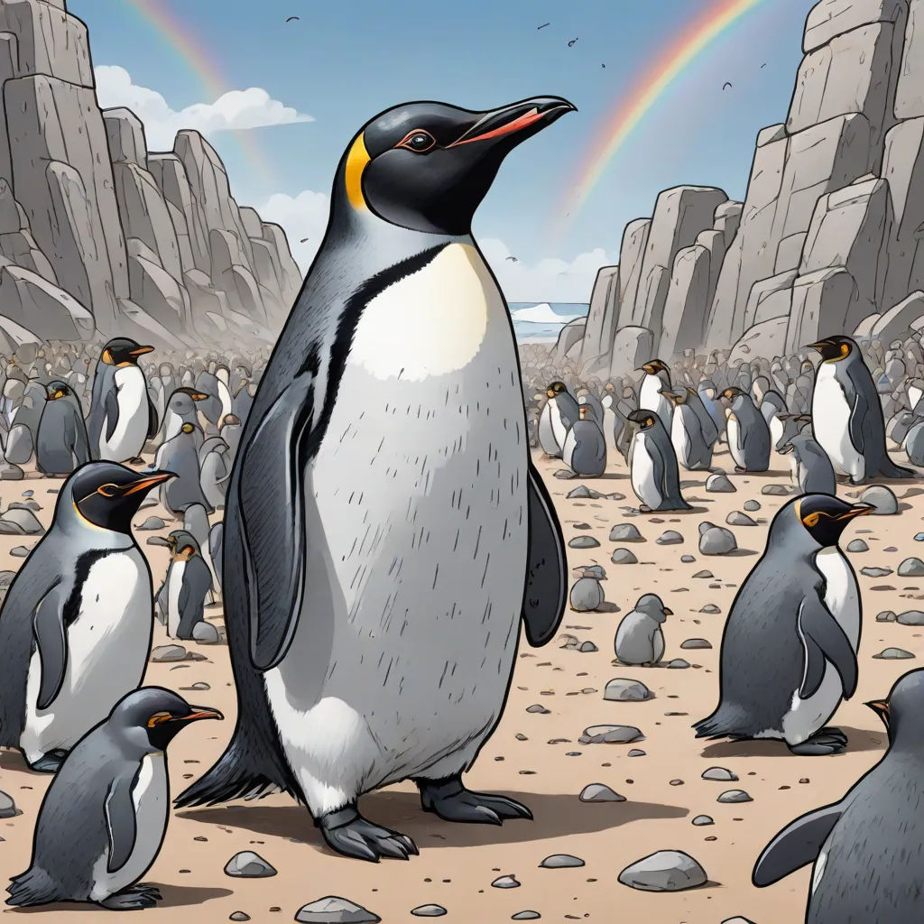 a group of penguins standing on top of a sandy beach next to a rainbow in the sky above them, rayonism, an illustration of, Cliff Childs, official art