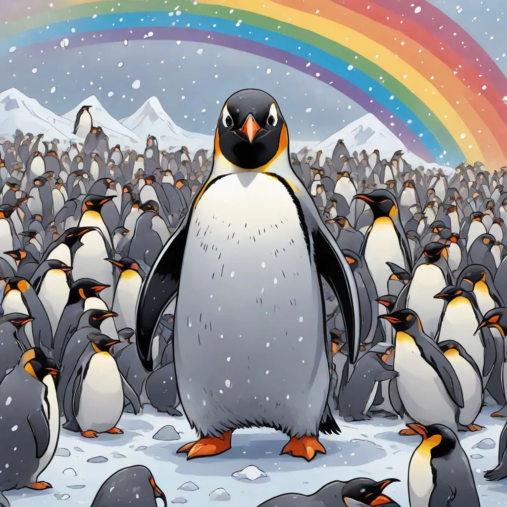 a penguin standing in front of a group of penguins under a rainbow in the sky with snow on the ground, context art, a storybook illustration, Chris LaBrooy, comic cover art