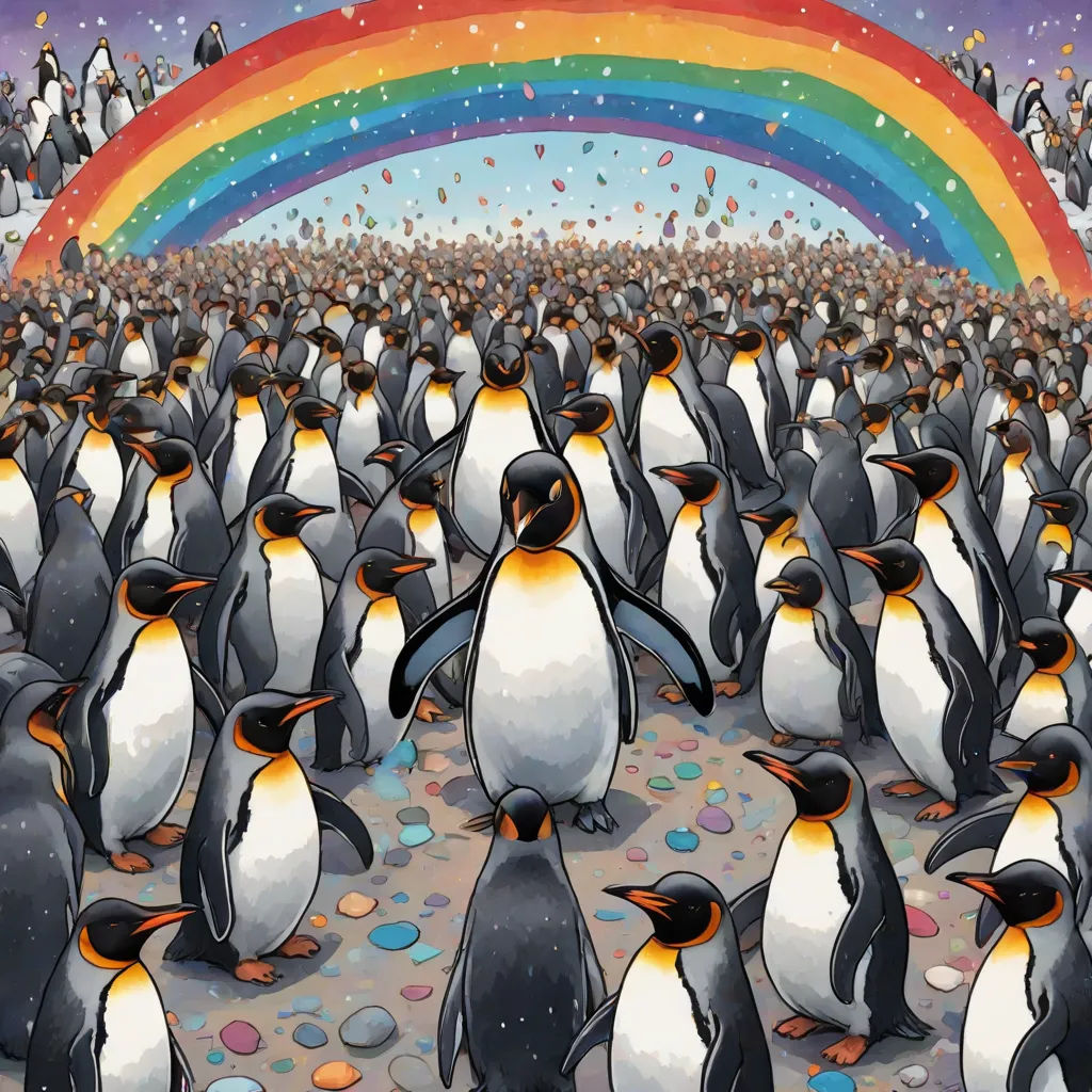 a large group of penguins standing in front of a rainbow and a rainbow - colored sky with a rainbow, naive art, a storybook illustration, Cliff Childs, official art