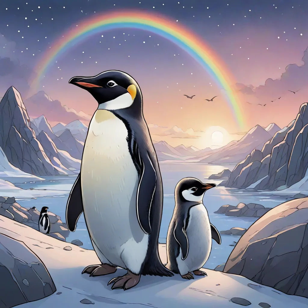 two penguins standing on a snowy hill with a rainbow in the background and a rainbow in the sky above, fantasy art, a storybook illustration, Cliff Childs, official art